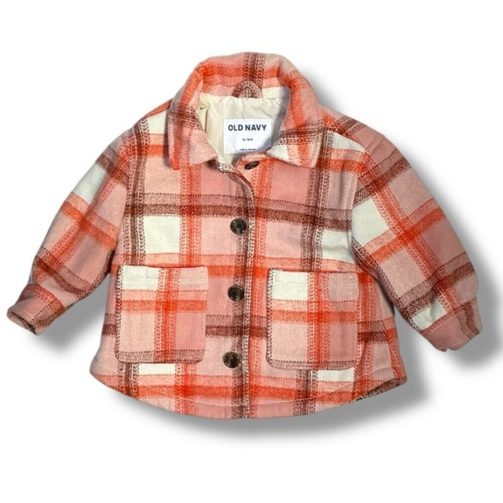 Old Navy Shacket Plaid Jacket Button Up Lined Pink Orange Girls 12-18 Months